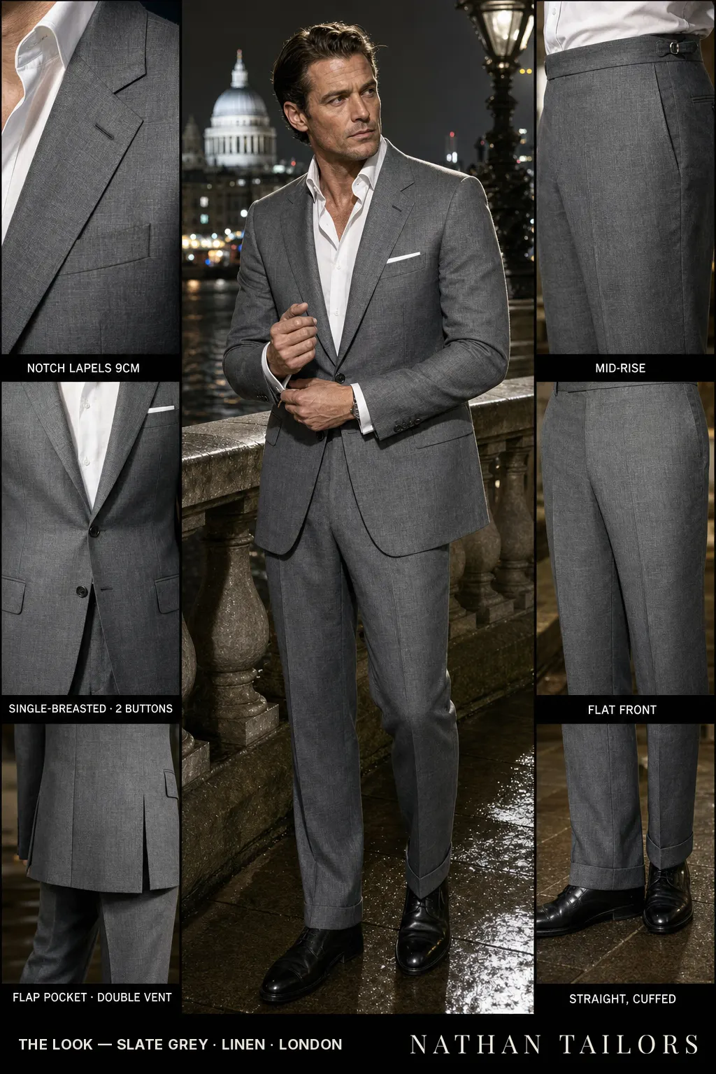 slate grey single-breasted notch-lapel bespoke suit — AI-rendered by Nathan Tailors, the Hoi An custom tailor. Available as a custom tailored suit from $149.
