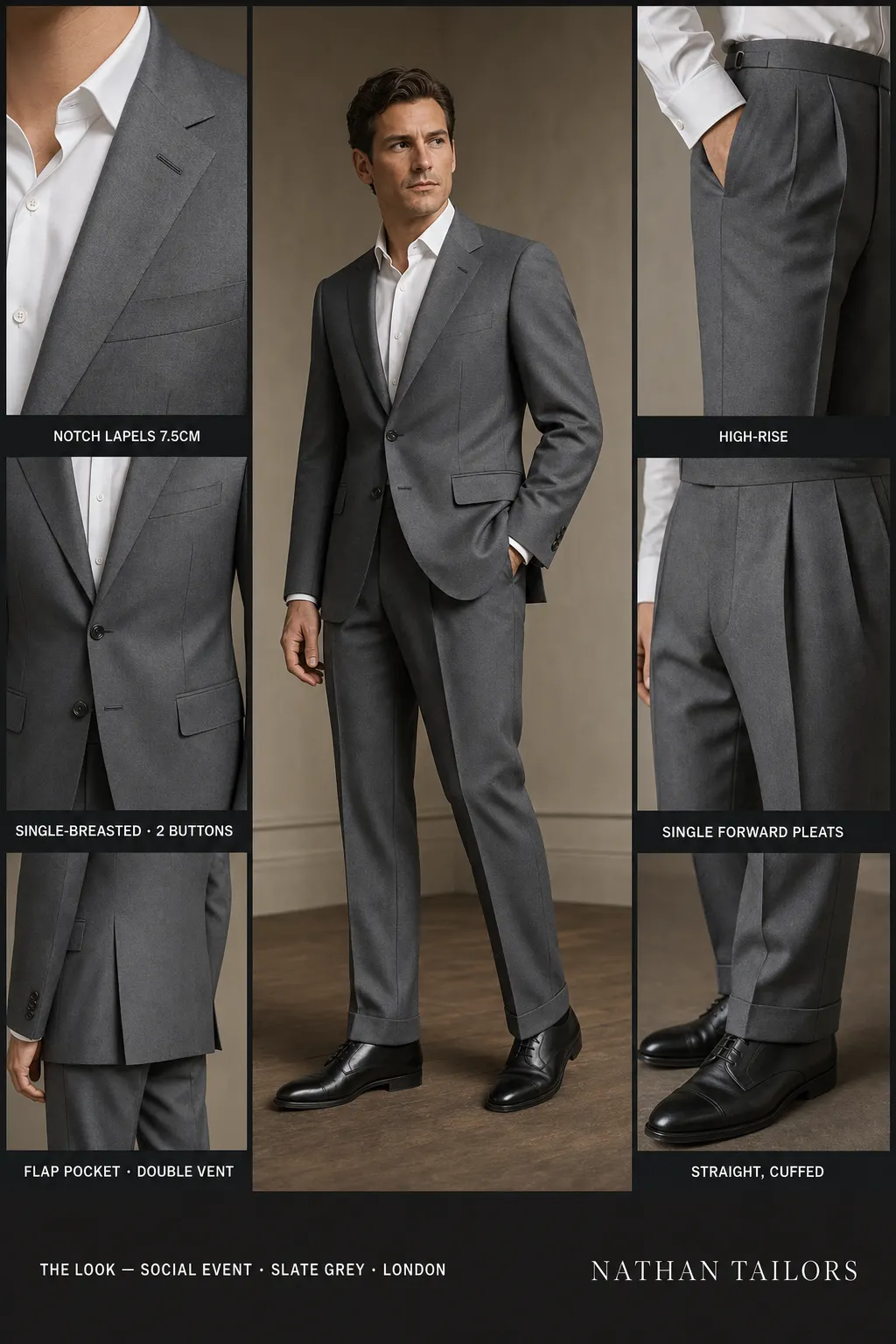 slate grey single-breasted notch-lapel bespoke suit โ AI-rendered by Nathan Tailors, the Hoi An custom tailor. Available as a custom tailored suit from $149.
