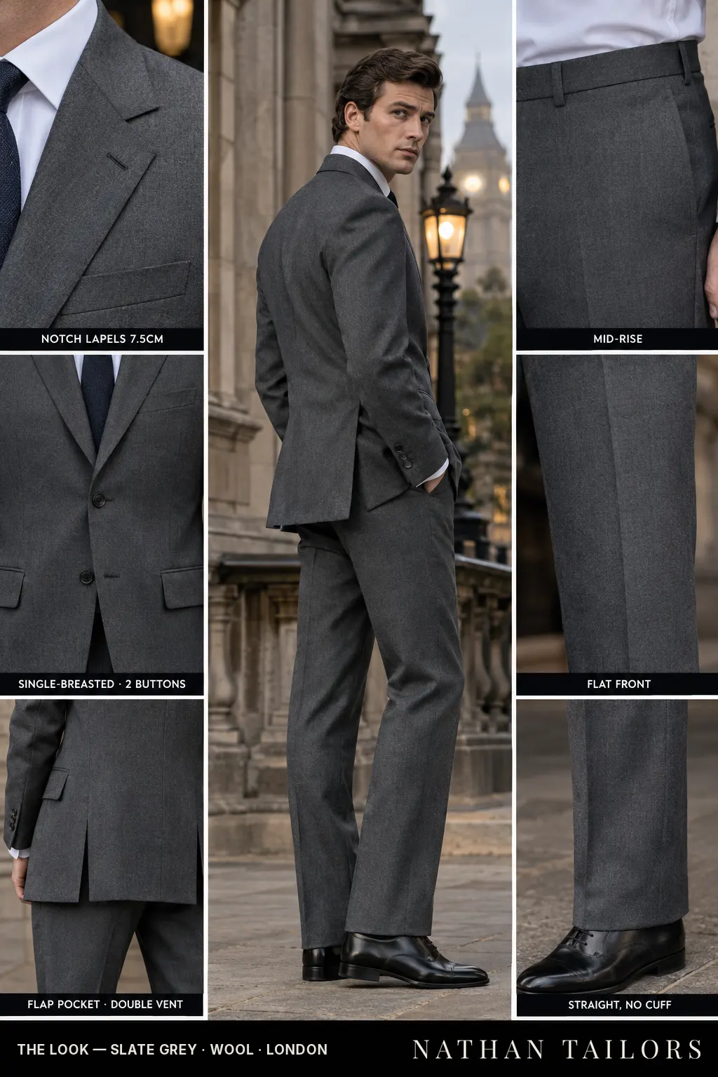 slate grey single-breasted bespoke suit โ custom tailored by Nathan Tailors, the Hoi An custom tailor