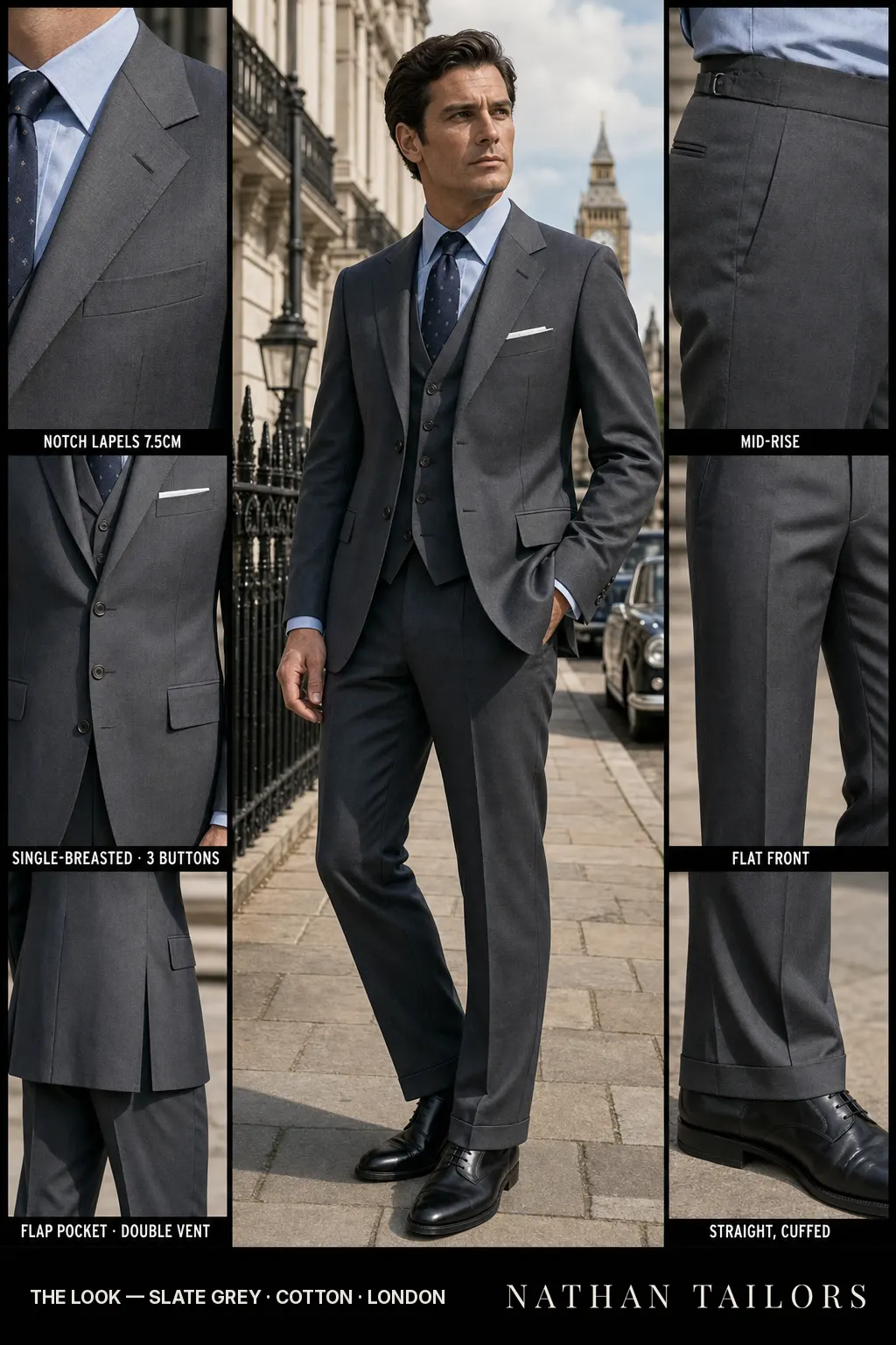 slate grey single-breasted notch-lapel bespoke suit โ AI-rendered by Nathan Tailors, the Hoi An custom tailor. Available as a custom tailored suit from $149.