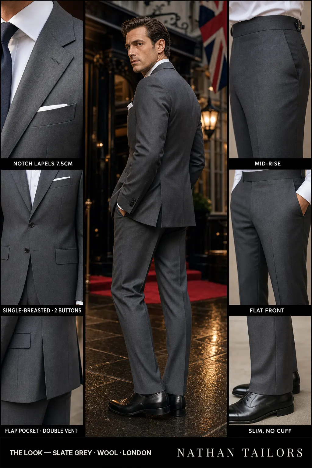 slate grey single-breasted bespoke suit — custom tailored by Nathan Tailors, the Hoi An custom tailor