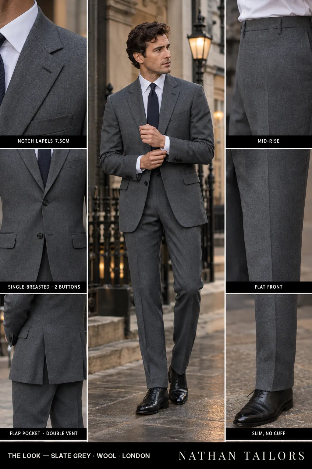 slate grey single-breasted notch-lapel bespoke suit โ AI-rendered by Nathan Tailors, the Hoi An custom tailor. Available as a custom tailored suit from $149.