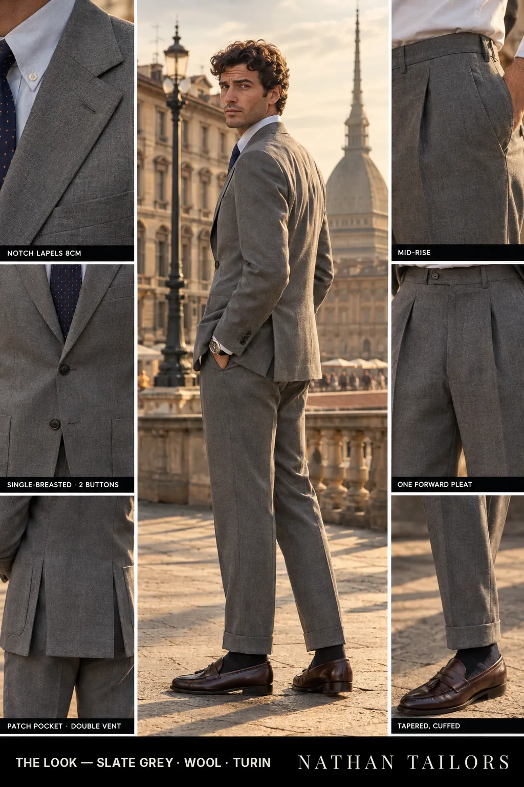 slate grey single-breasted bespoke suit — custom tailored by Nathan Tailors, the Hoi An custom tailor