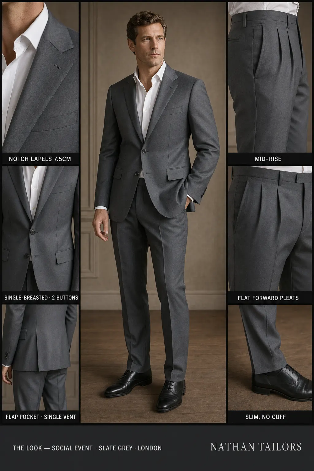 slate grey single-breasted notch-lapel bespoke suit — AI-rendered by Nathan Tailors, the Hoi An custom tailor. Available as a custom tailored suit from $149.