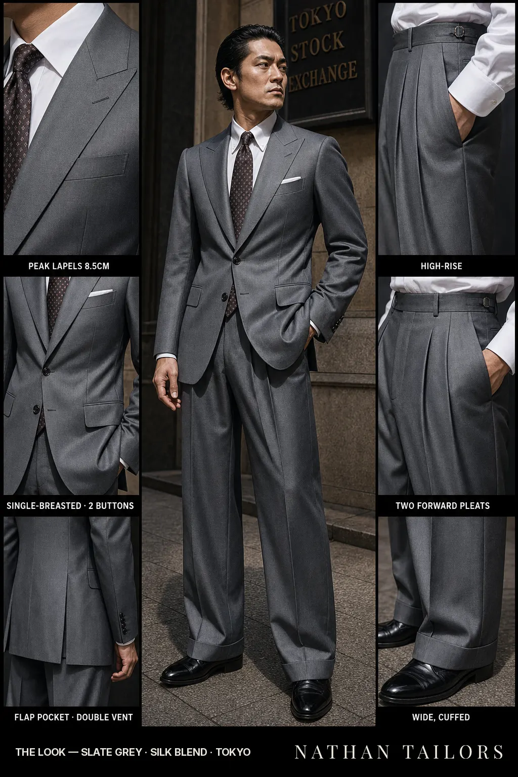 slate grey single-breasted bespoke suit โ custom tailored by Nathan Tailors, the Hoi An custom tailor