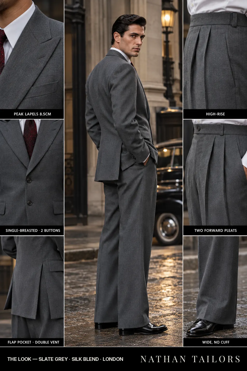 slate grey single-breasted peak-lapel bespoke suit โ AI-rendered by Nathan Tailors, the Hoi An custom tailor. Available as a custom tailored suit from $149.