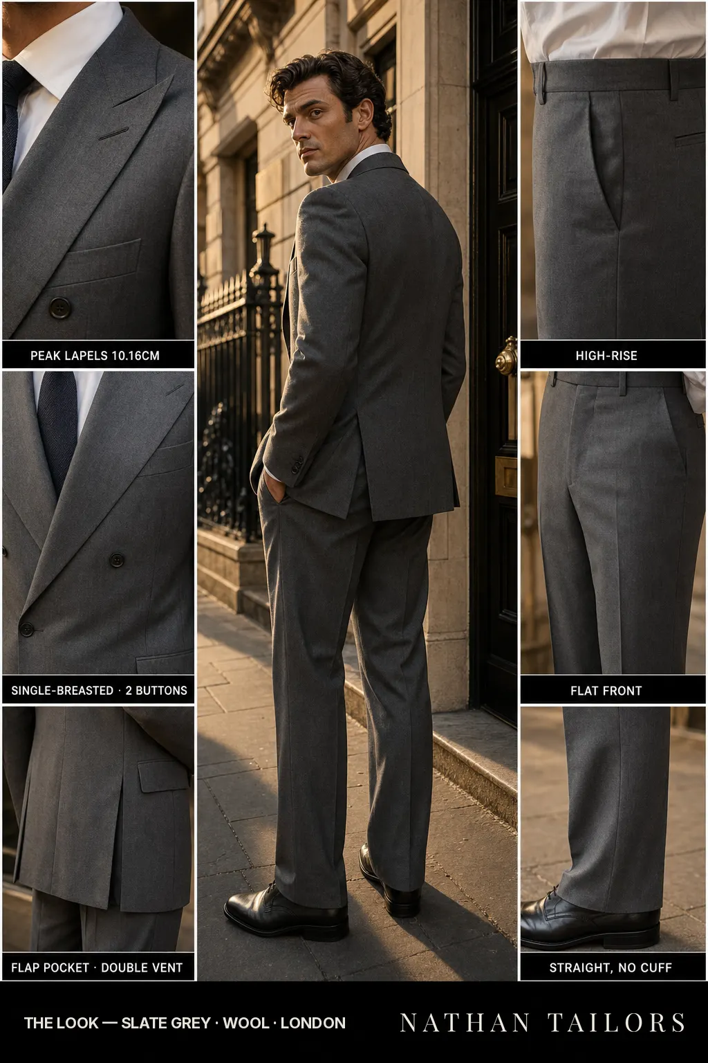 slate grey single-breasted peak-lapel bespoke suit — AI-rendered by Nathan Tailors, the Hoi An custom tailor. Available as a custom tailored suit from $149.