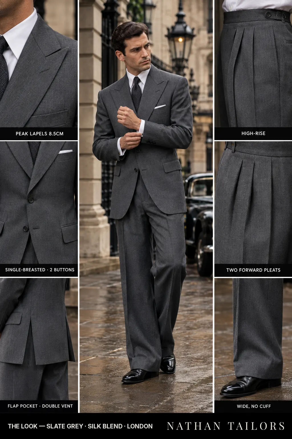 slate grey single-breasted bespoke suit โ custom tailored by Nathan Tailors, the Hoi An custom tailor