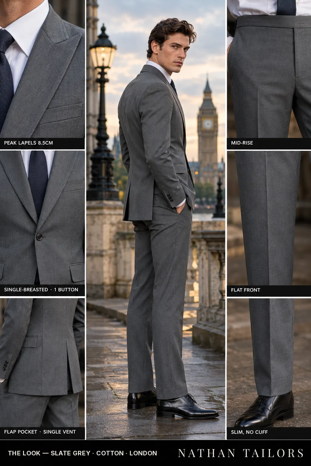 slate grey single-breasted bespoke suit — custom tailored by Nathan Tailors, the Hoi An custom tailor