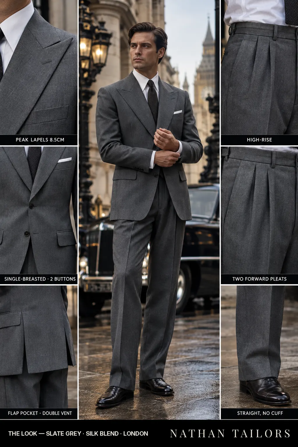 slate grey single-breasted bespoke suit โ custom tailored by Nathan Tailors, the Hoi An custom tailor
