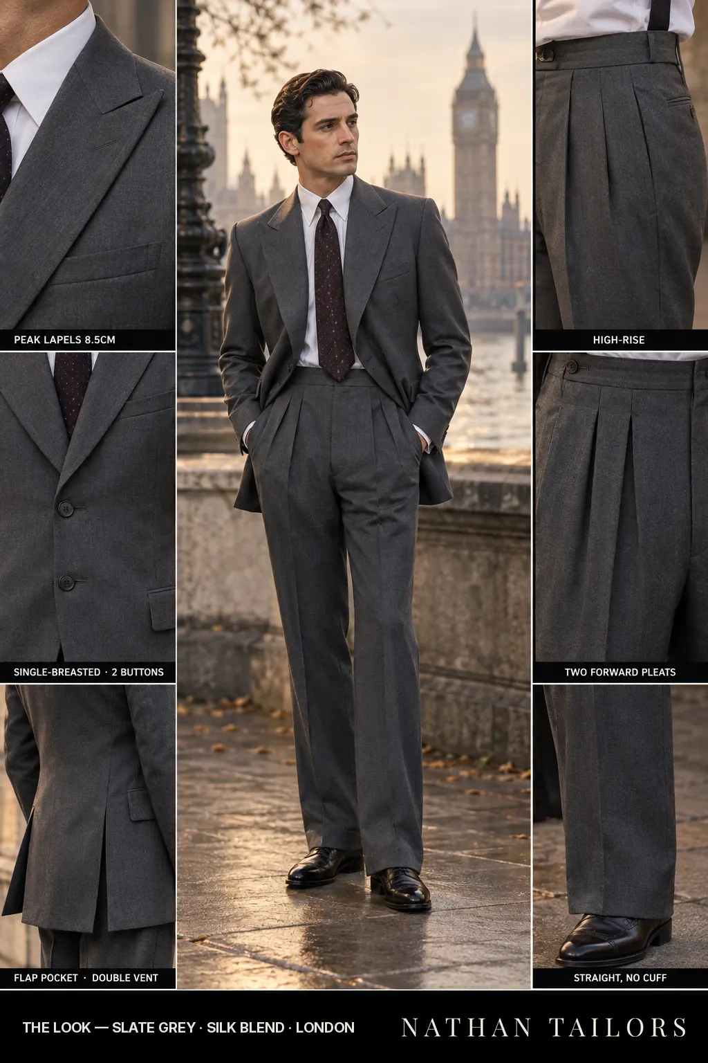 slate grey single-breasted peak-lapel bespoke suit โ AI-rendered by Nathan Tailors, the Hoi An custom tailor. Available as a custom tailored suit from $149.