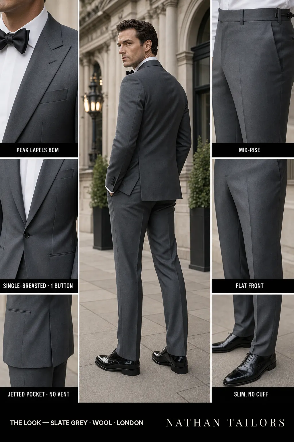 slate grey single-breasted peak-lapel bespoke suit โ AI-rendered by Nathan Tailors, the Hoi An custom tailor. Available as a custom tailored suit from $149.