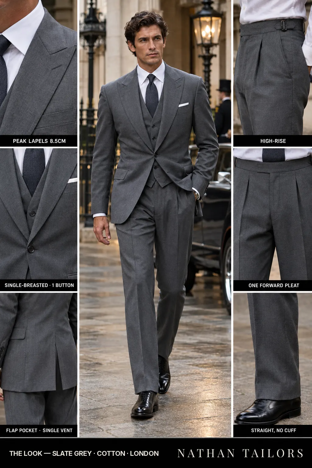 slate grey single-breasted bespoke suit โ custom tailored by Nathan Tailors, the Hoi An custom tailor