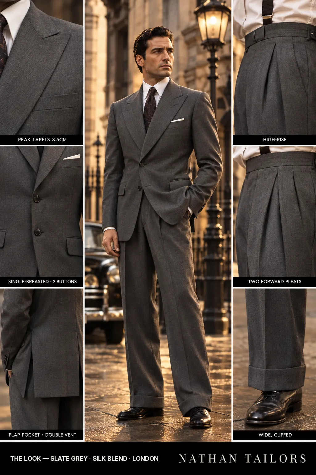 slate grey single-breasted bespoke suit โ custom tailored by Nathan Tailors, the Hoi An custom tailor