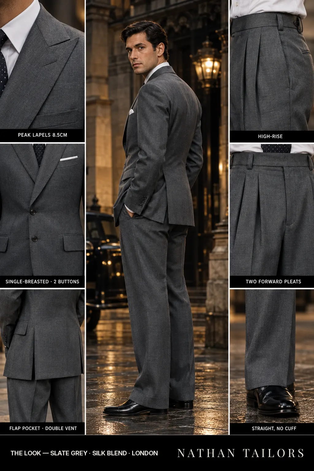 slate grey single-breasted bespoke suit โ custom tailored by Nathan Tailors, the Hoi An custom tailor