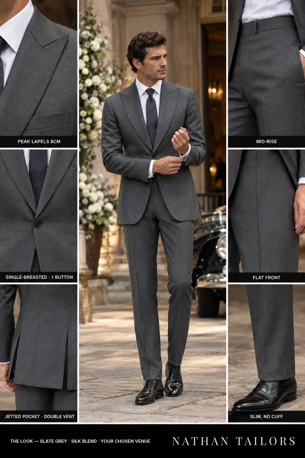 slate grey single-breasted bespoke suit โ custom tailored by Nathan Tailors, the Hoi An custom tailor