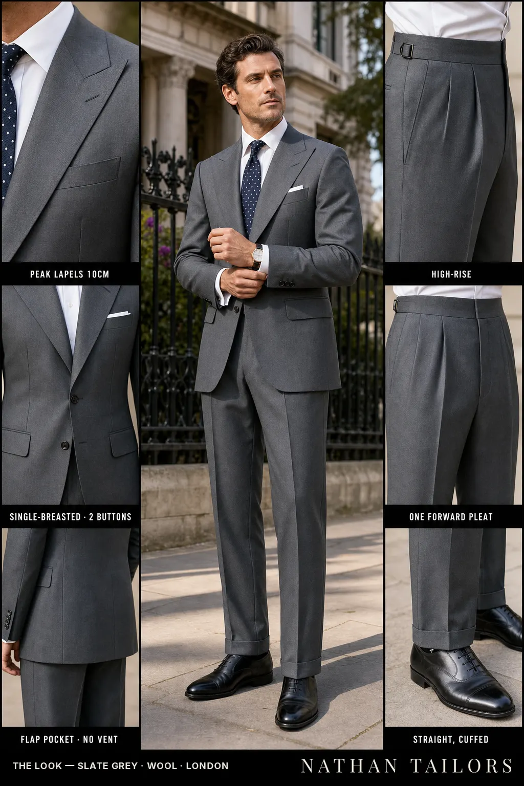slate grey single-breasted peak-lapel bespoke suit — AI-rendered by Nathan Tailors, the Hoi An custom tailor. Available as a custom tailored suit from $149.