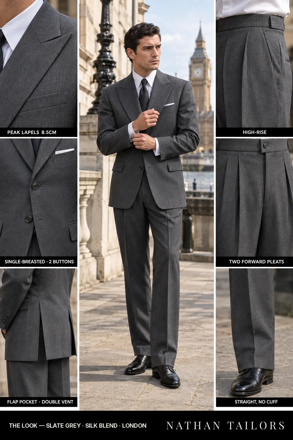 slate grey single-breasted bespoke suit โ custom tailored by Nathan Tailors, the Hoi An custom tailor