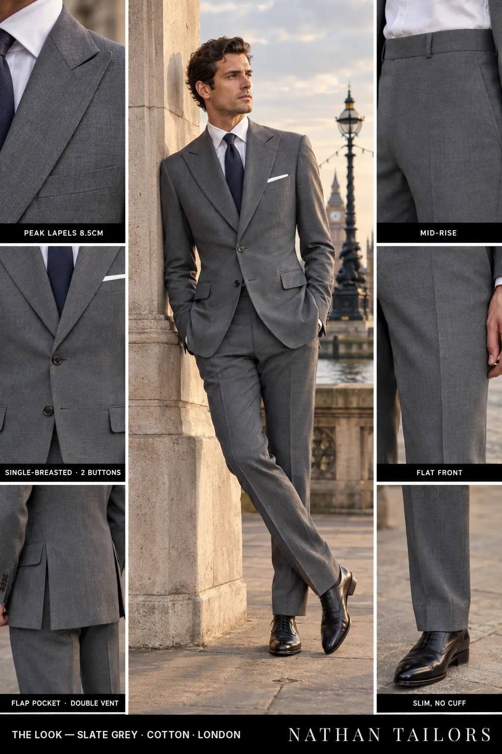 slate grey single-breasted bespoke suit โ custom tailored by Nathan Tailors, the Hoi An custom tailor