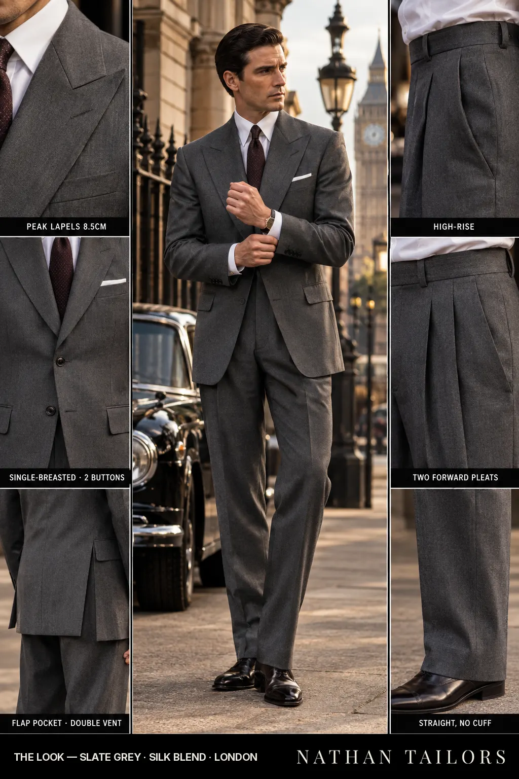 slate grey single-breasted bespoke suit โ custom tailored by Nathan Tailors, the Hoi An custom tailor
