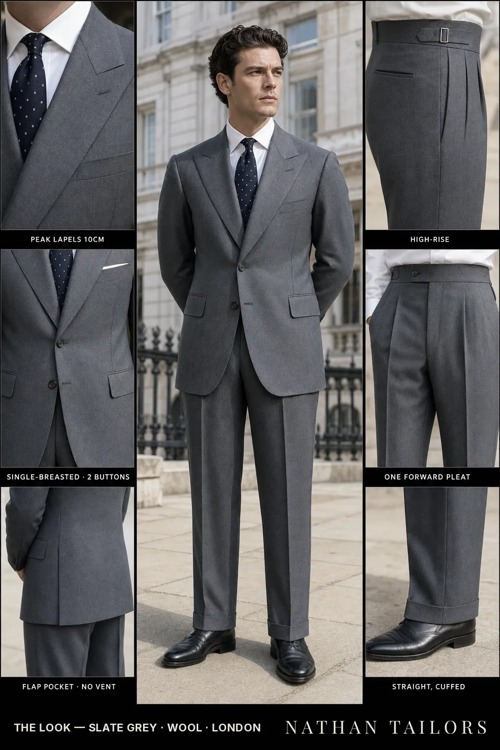 slate grey single-breasted peak-lapel bespoke suit — AI-rendered by Nathan Tailors, the Hoi An custom tailor. Available as a custom tailored suit from $149.