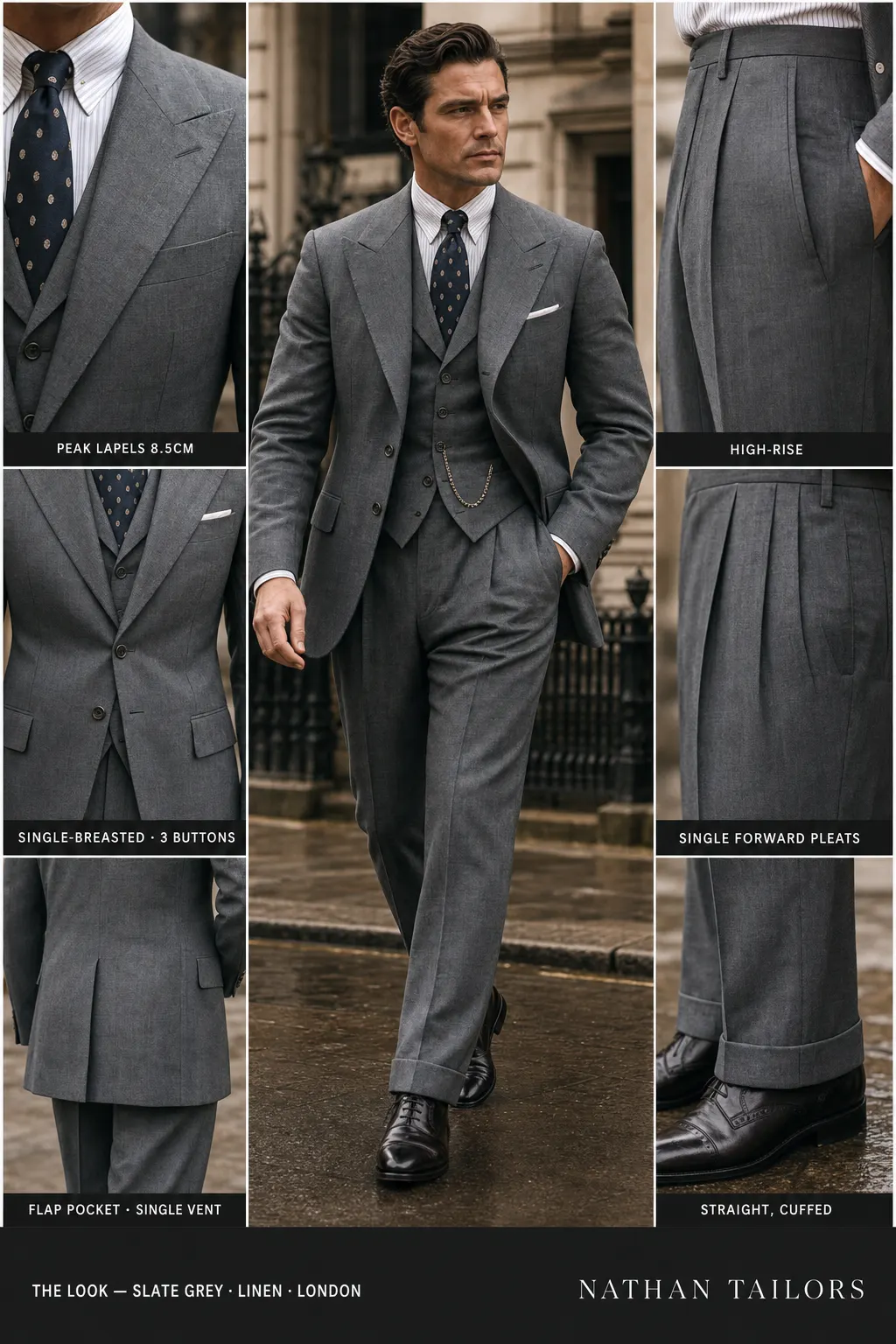 slate grey single-breasted peak-lapel bespoke suit — AI-rendered by Nathan Tailors, the Hoi An custom tailor. Available as a custom tailored suit from $149.