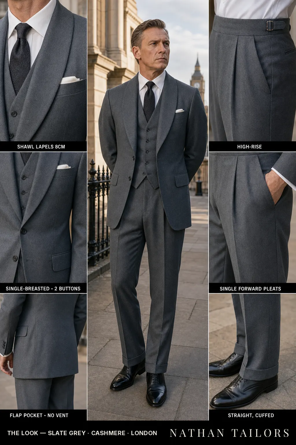 slate grey single-breasted shawl-lapel bespoke suit — AI-rendered by Nathan Tailors, the Hoi An custom tailor. Available as a custom tailored suit from $149.