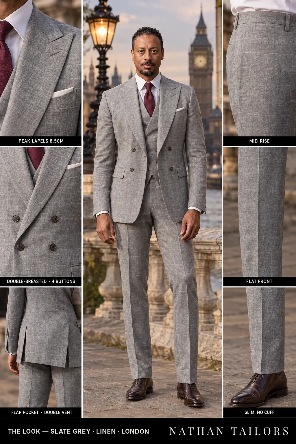 slate grey windowpane double-breasted bespoke suit โ custom tailored by Nathan Tailors, the Hoi An custom tailor
