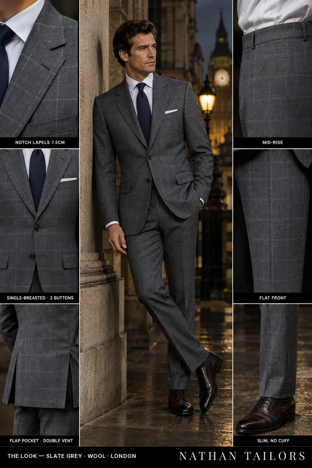 slate grey windowpane single-breasted bespoke suit โ custom tailored by Nathan Tailors, the Hoi An custom tailor