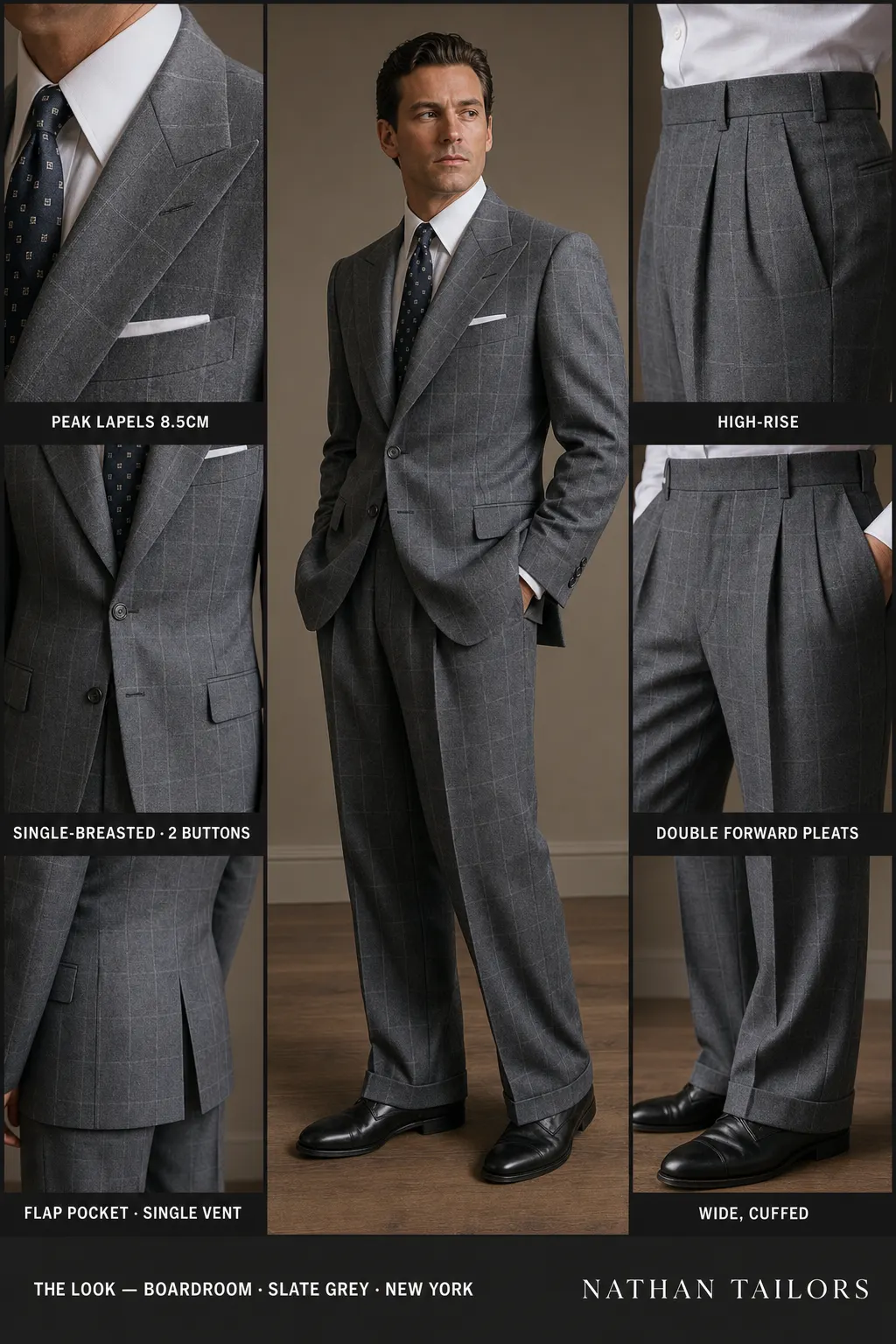 slate grey windowpane single-breasted peak-lapel bespoke suit — AI-rendered by Nathan Tailors, the Hoi An custom tailor. Available as a custom tailored suit from $149.