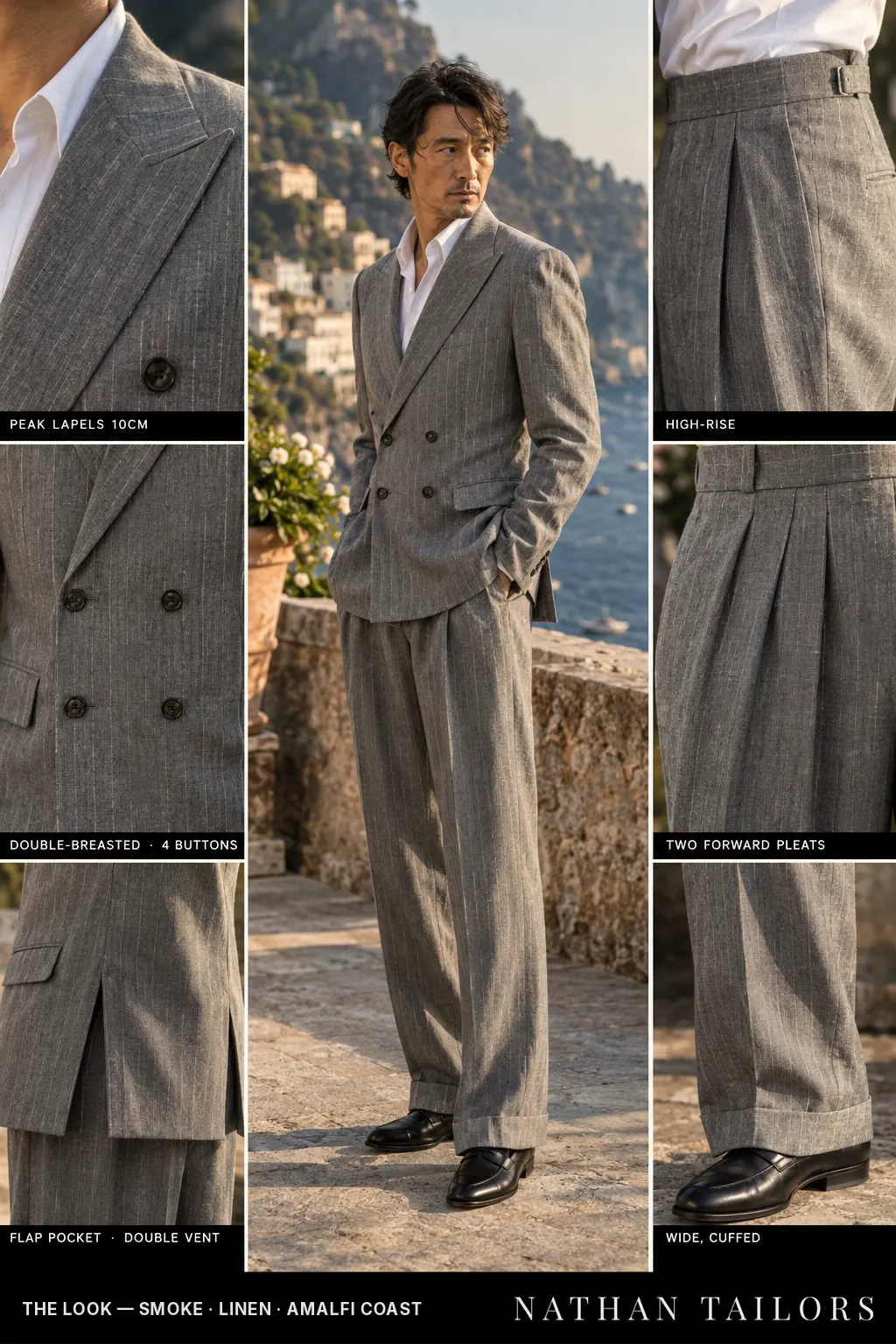 smoke chalk stripe double-breasted peak-lapel bespoke suit — AI-rendered by Nathan Tailors, the Hoi An custom tailor. Available as a custom tailored suit from $169.