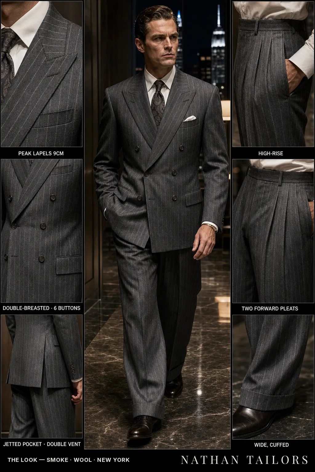 smoke chalk stripe double-breasted peak-lapel bespoke suit โ AI-rendered by Nathan Tailors, the Hoi An custom tailor. Available as a custom tailored suit from $149.