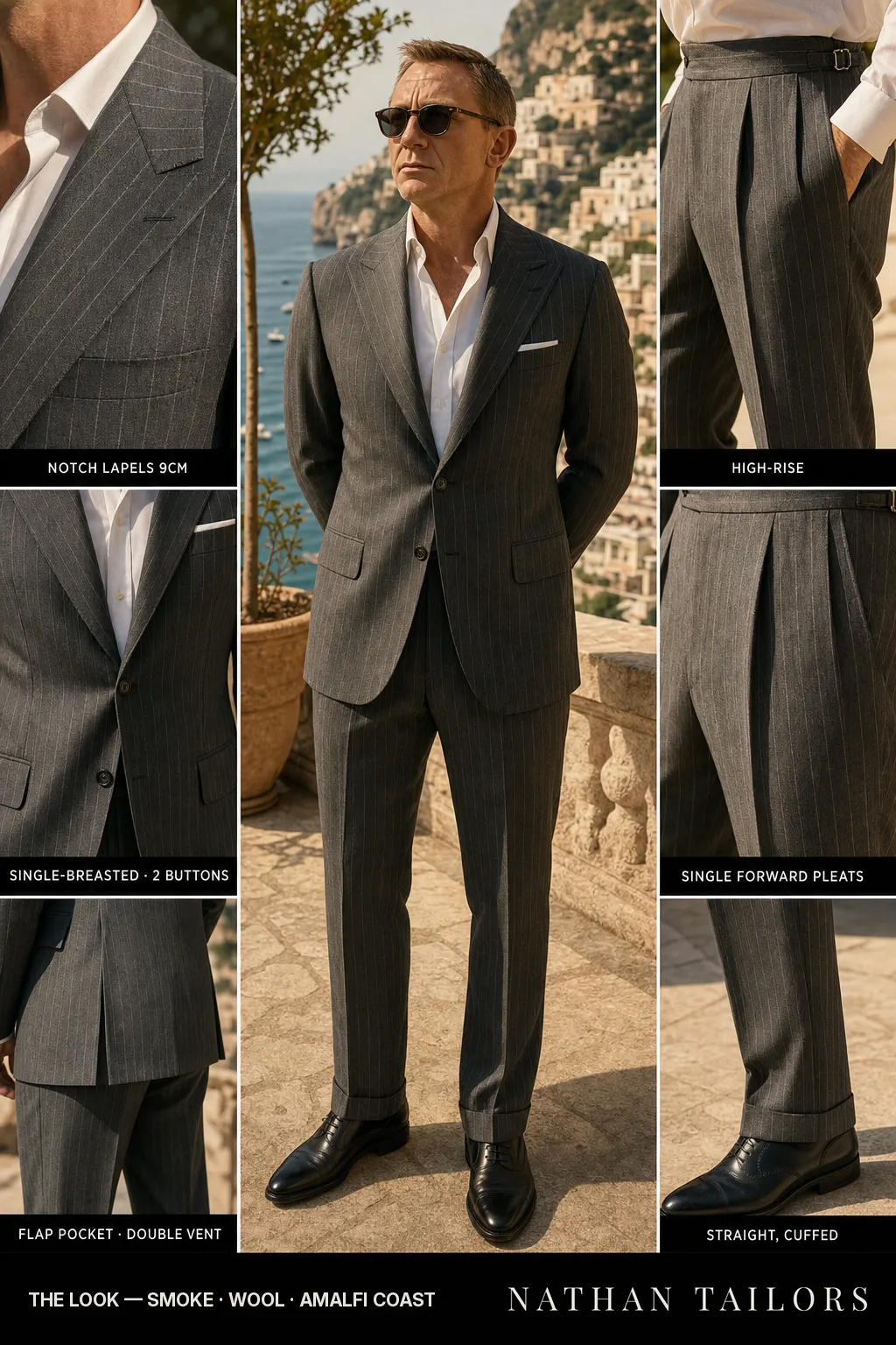 smoke chalk stripe single-breasted notch-lapel bespoke suit — AI-rendered by Nathan Tailors, the Hoi An custom tailor. Available as a custom tailored suit from $149.