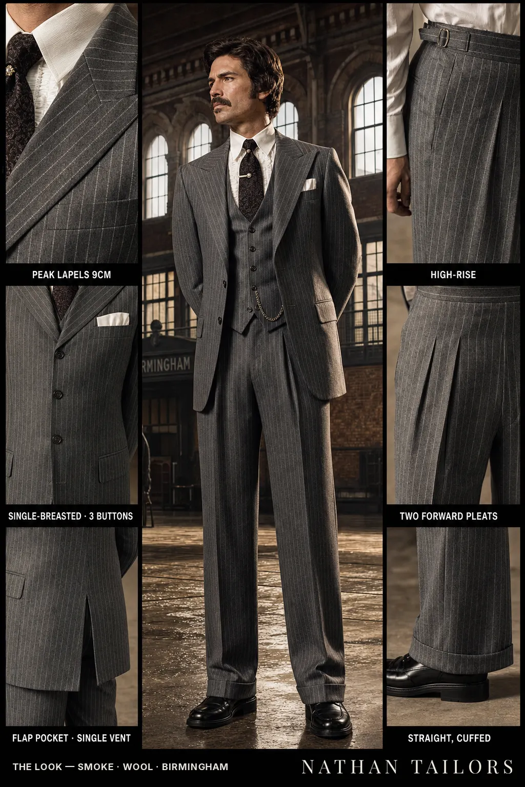 smoke chalk stripe single-breasted peak-lapel bespoke suit — AI-rendered by Nathan Tailors, the Hoi An custom tailor. Available as a custom tailored suit from $149.