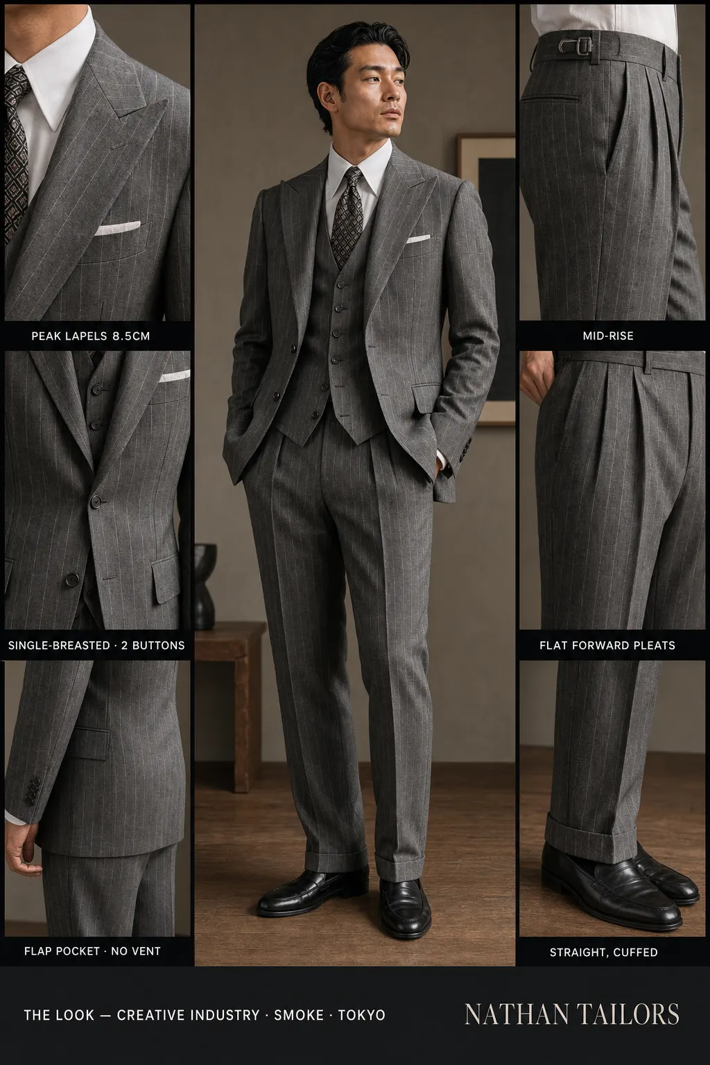 smoke chalk stripe single-breasted peak-lapel bespoke suit — AI-rendered by Nathan Tailors, the Hoi An custom tailor. Available as a custom tailored suit from $149.