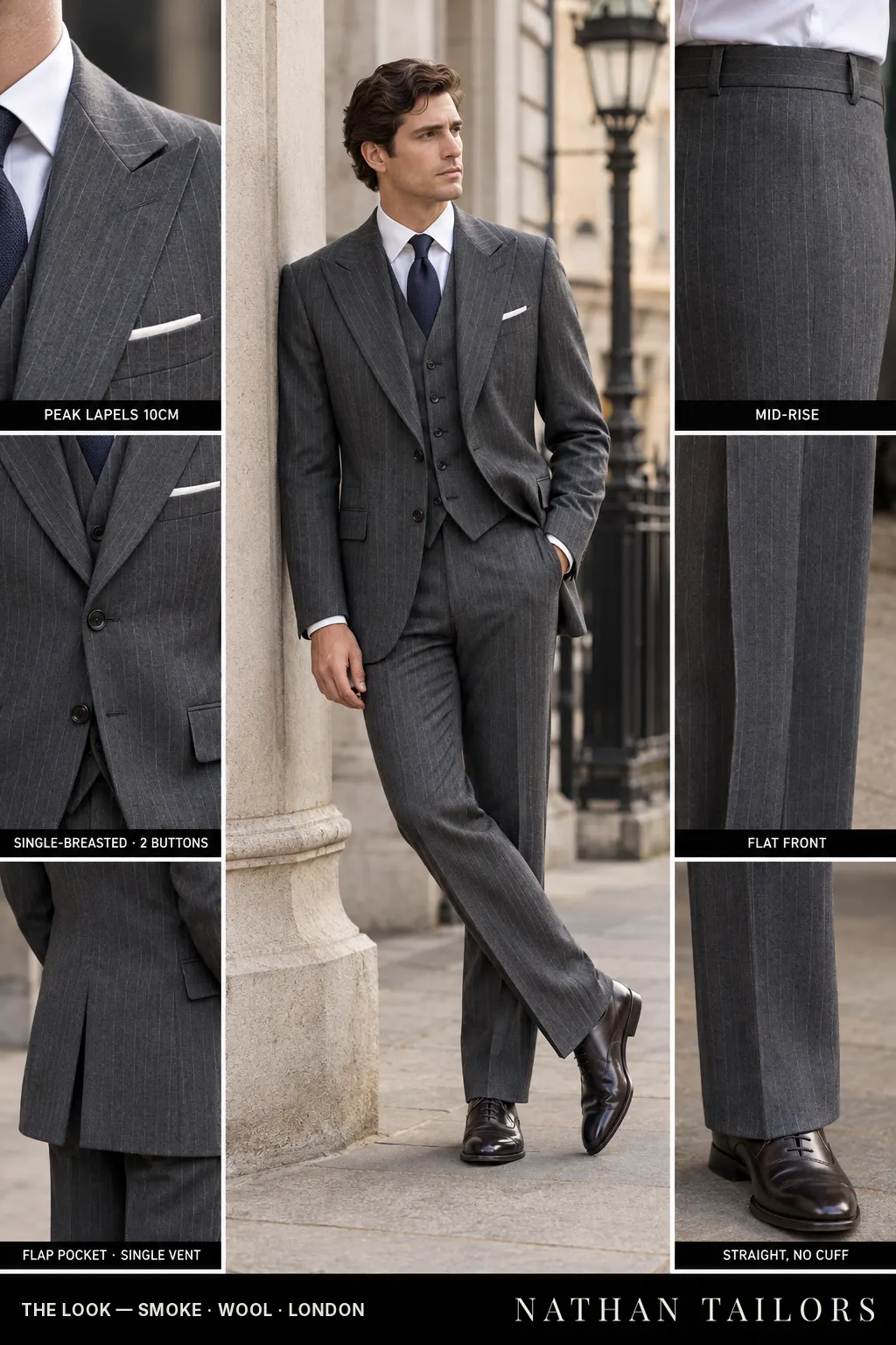smoke chalk stripe single-breasted peak-lapel bespoke suit — AI-rendered by Nathan Tailors, the Hoi An custom tailor. Available as a custom tailored suit from $149.