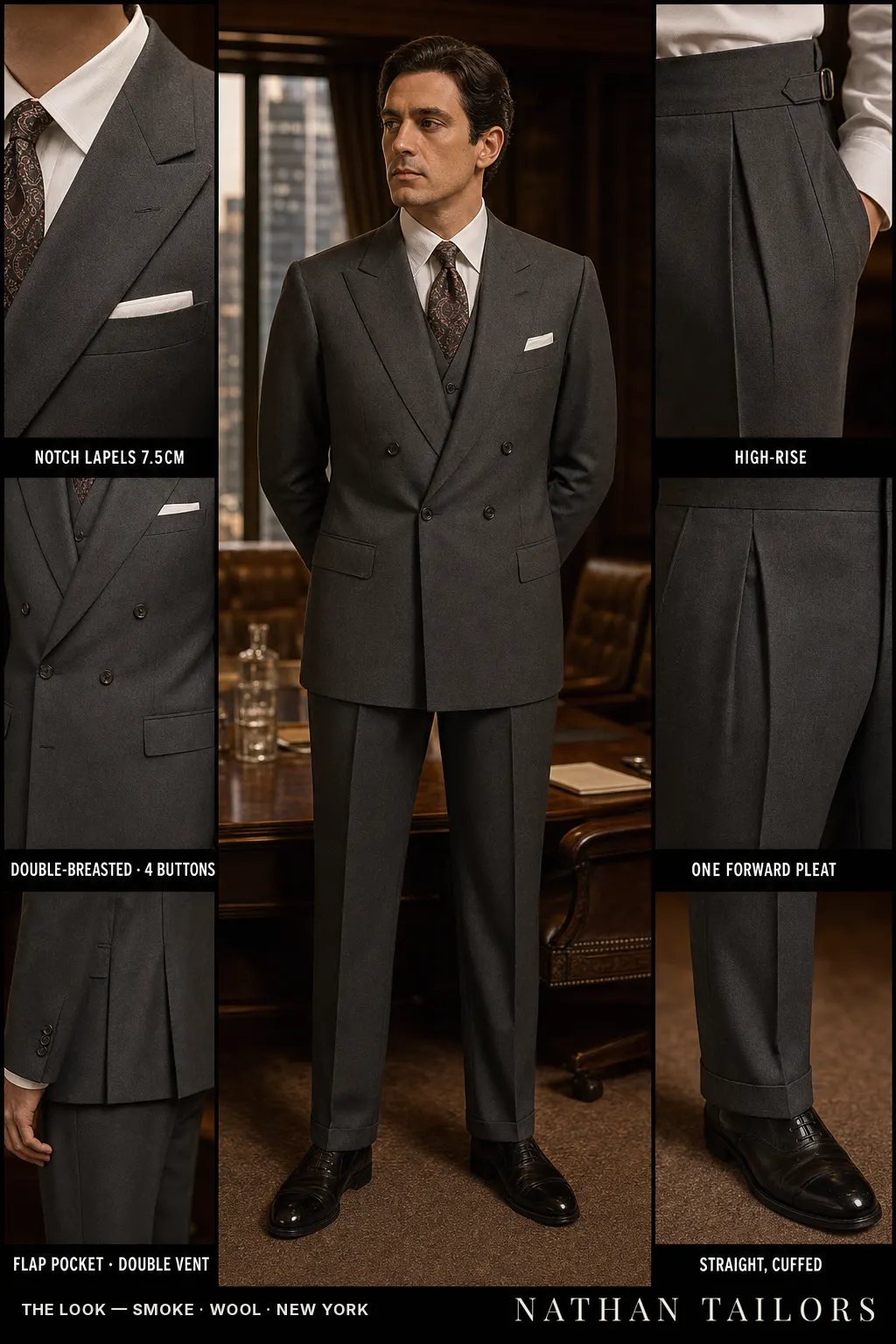 smoke double-breasted notch-lapel bespoke suit โ AI-rendered by Nathan Tailors, the Hoi An custom tailor. Available as a custom tailored suit from $149.