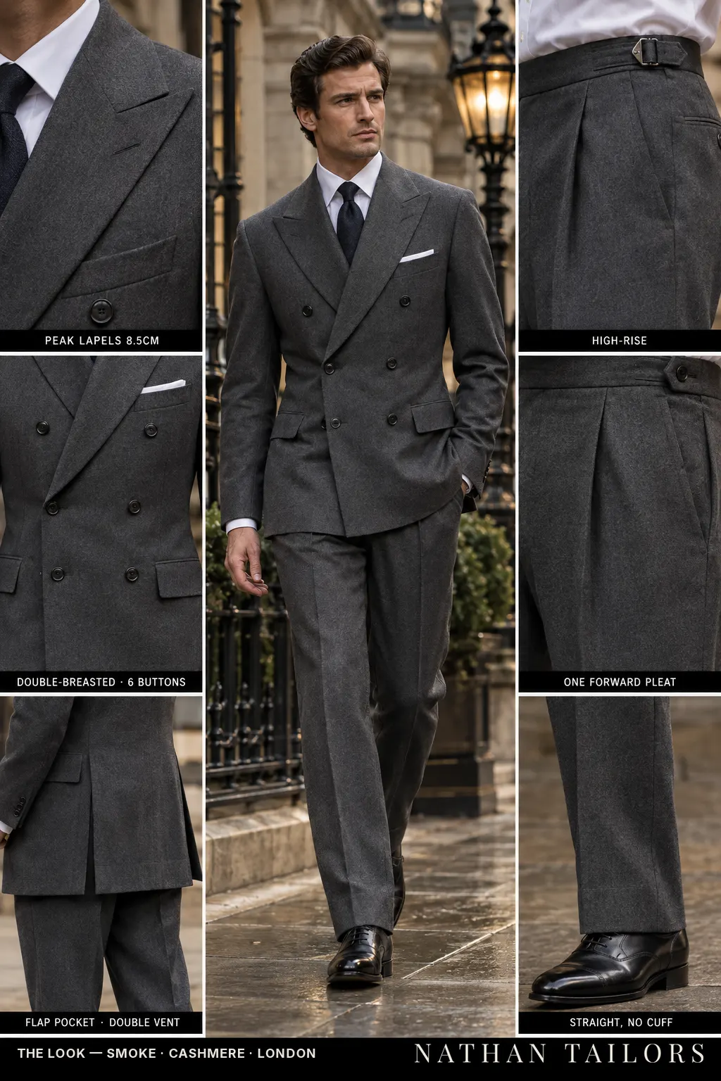 smoke double-breasted bespoke suit — custom tailored by Nathan Tailors, the Hoi An custom tailor