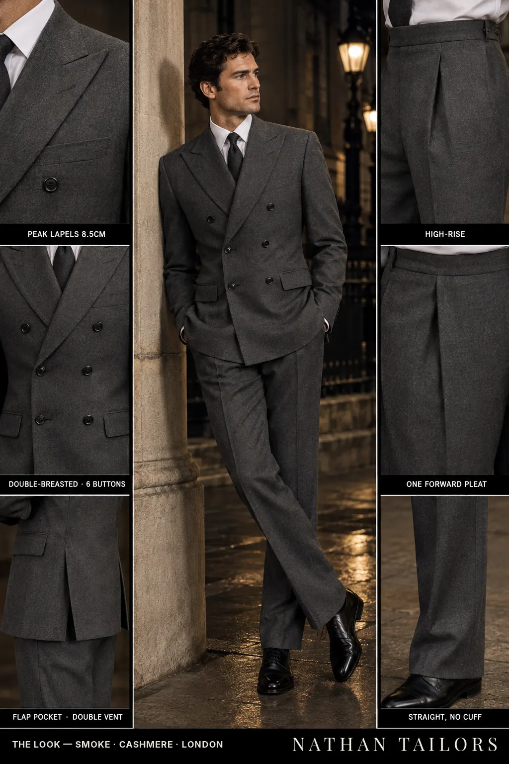 smoke double-breasted bespoke suit — custom tailored by Nathan Tailors, the Hoi An custom tailor