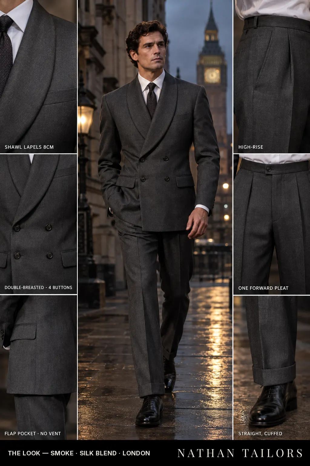 smoke double-breasted bespoke suit — custom tailored by Nathan Tailors, the Hoi An custom tailor