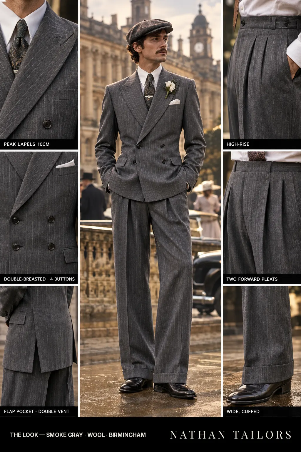 smoke gray pinstripe double-breasted bespoke suit — custom tailored by Nathan Tailors, the Hoi An custom tailor