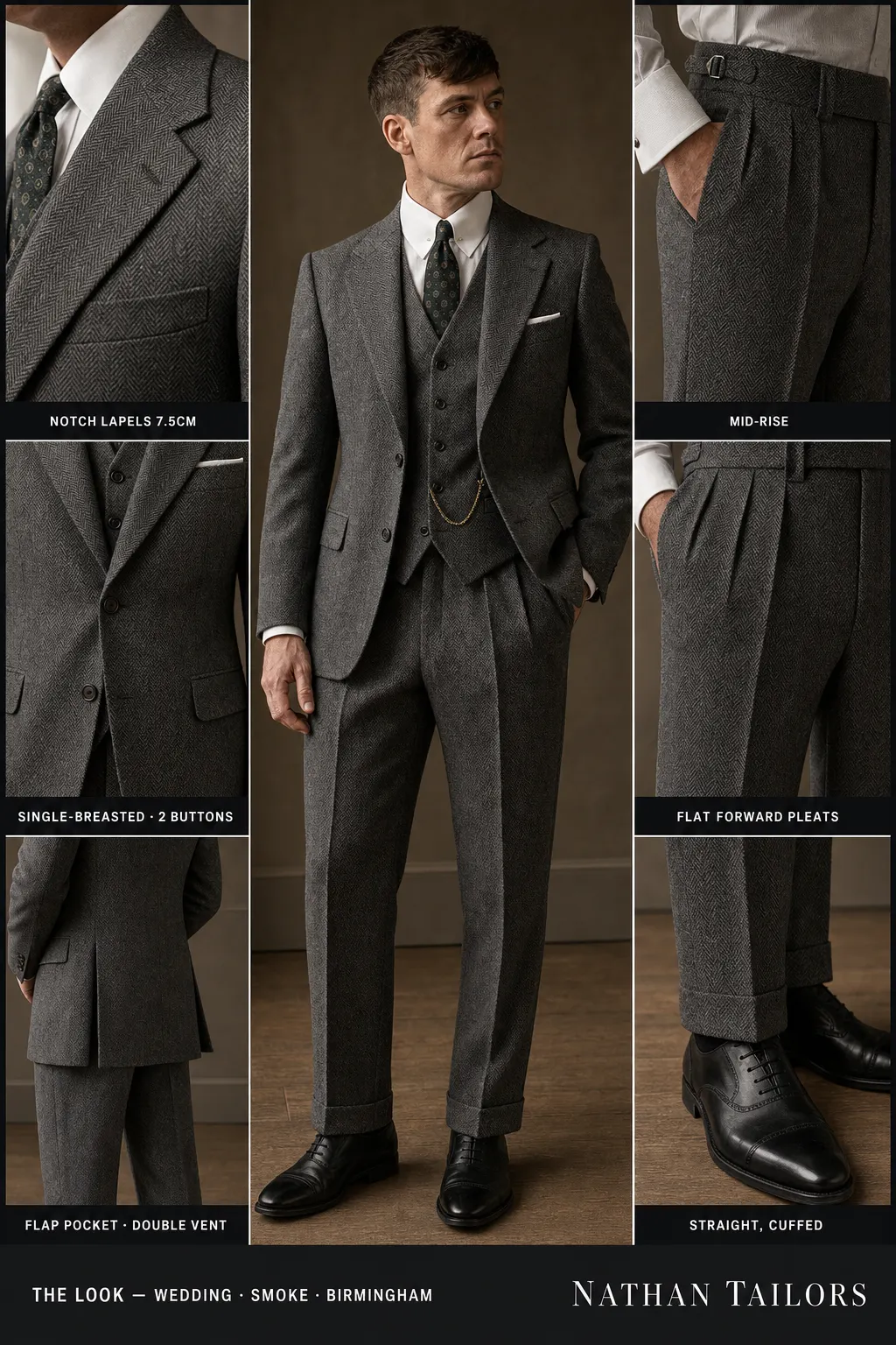 smoke herringbone single-breasted notch-lapel bespoke suit โ AI-rendered by Nathan Tailors, the Hoi An custom tailor. Available as a custom tailored suit from $149.