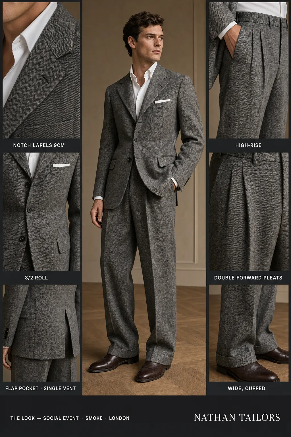 smoke herringbone single-breasted notch-lapel bespoke suit โ AI-rendered by Nathan Tailors, the Hoi An custom tailor. Available as a custom tailored suit from $149.