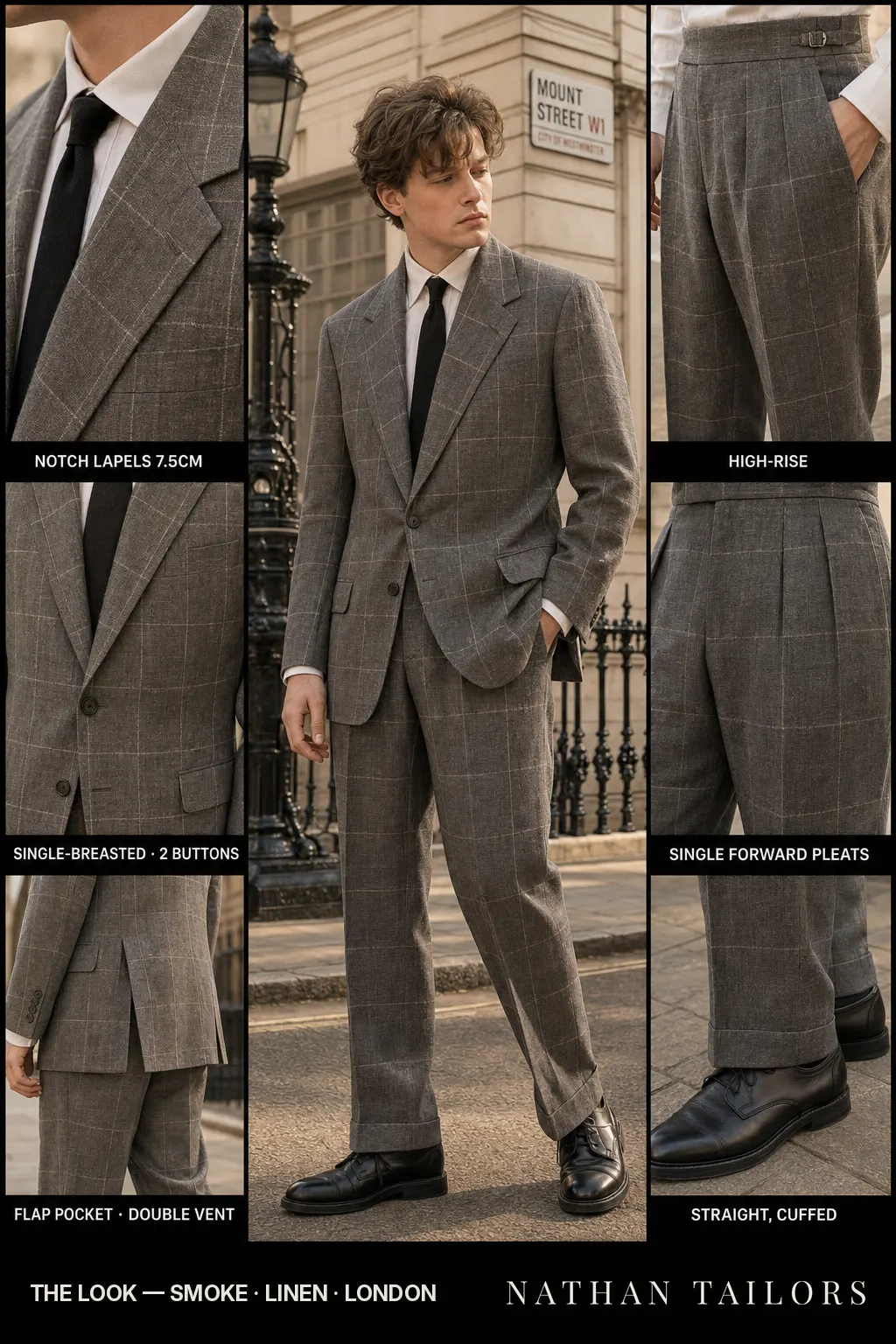 smoke herringbone single-breasted notch-lapel bespoke suit — AI-rendered by Nathan Tailors, the Hoi An custom tailor. Available as a custom tailored suit from $149.