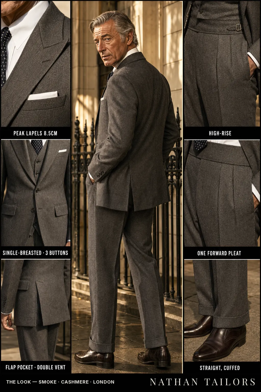 smoke herringbone single-breasted bespoke suit — custom tailored by Nathan Tailors, the Hoi An custom tailor