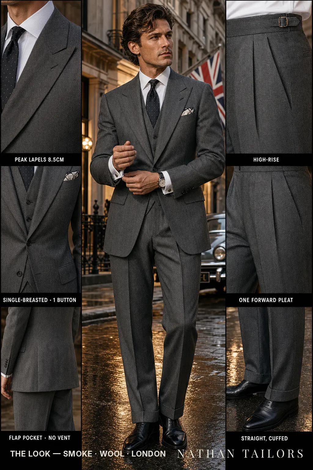 smoke herringbone single-breasted bespoke suit — custom tailored by Nathan Tailors, the Hoi An custom tailor