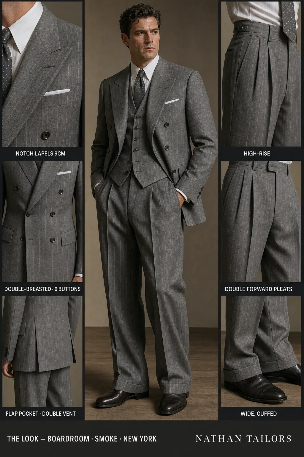 smoke pinstripe double-breasted notch-lapel bespoke suit โ AI-rendered by Nathan Tailors, the Hoi An custom tailor. Available as a custom tailored suit from $149.