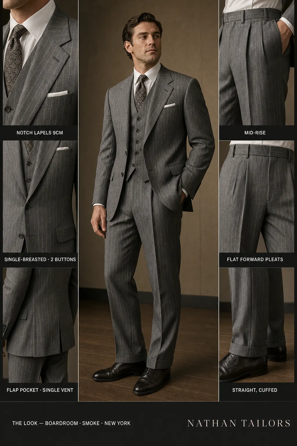 smoke pinstripe single-breasted notch-lapel bespoke suit โ AI-rendered by Nathan Tailors, the Hoi An custom tailor. Available as a custom tailored suit from $149.