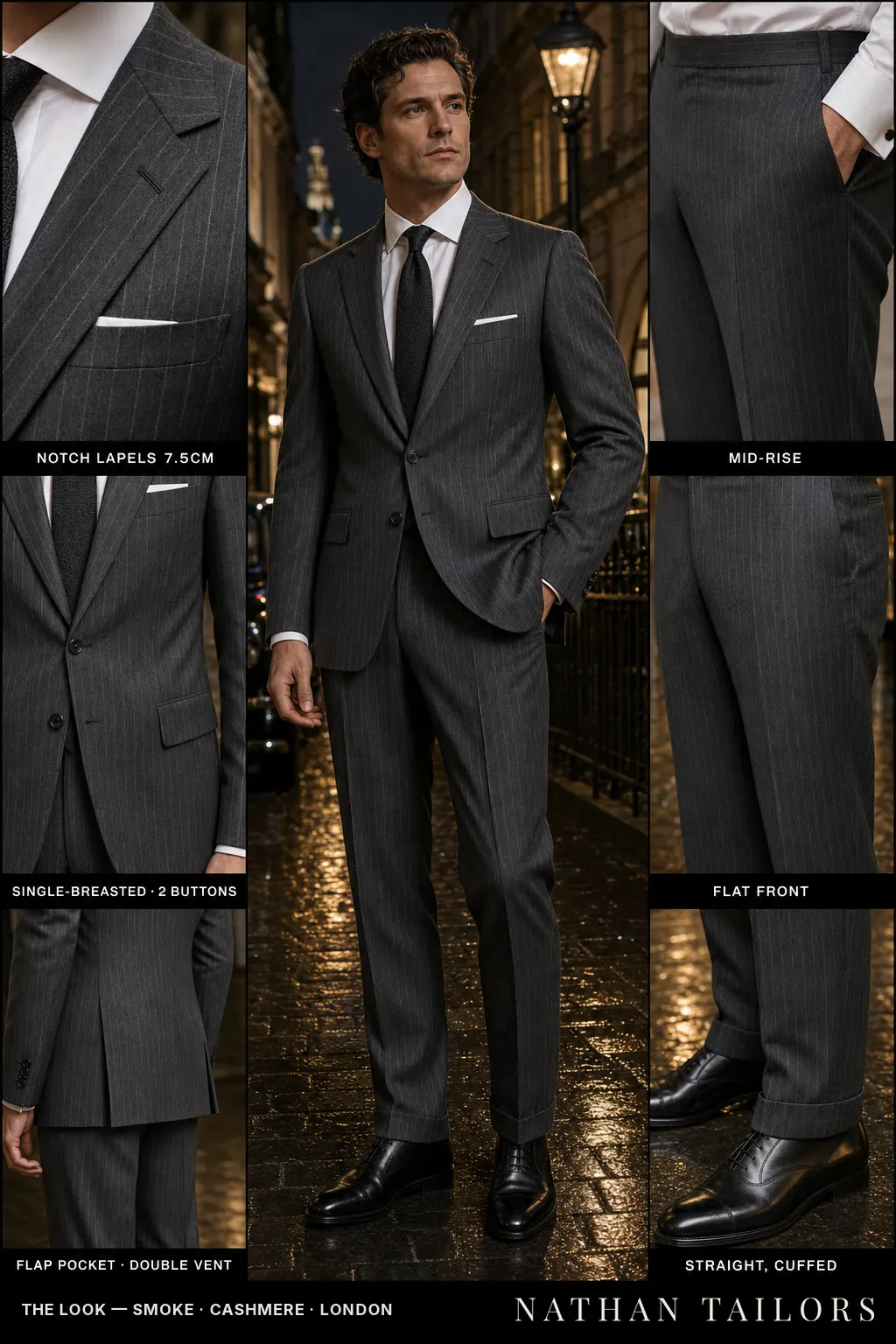 smoke pinstripe single-breasted notch-lapel bespoke suit — AI-rendered by Nathan Tailors, the Hoi An custom tailor. Available as a custom tailored suit from $149.