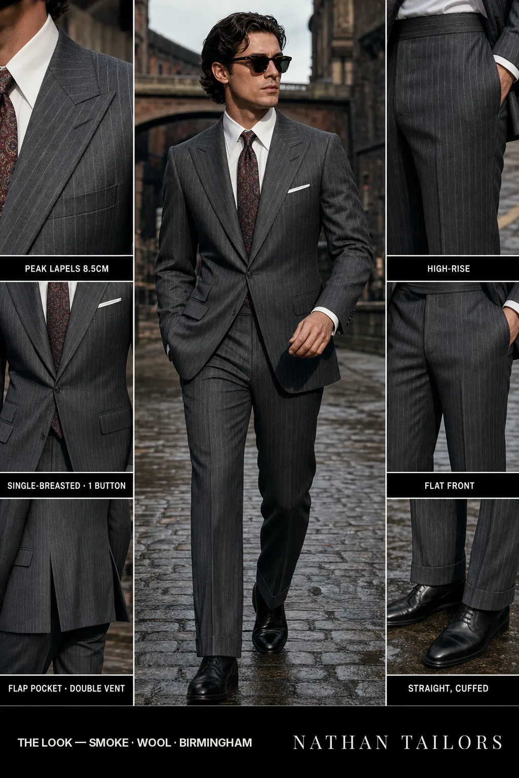 smoke pinstripe single-breasted bespoke suit — custom tailored by Nathan Tailors, the Hoi An custom tailor